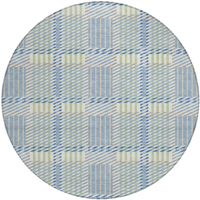 8' Denim Blue Green And Ivory Round Plaid Washable Indoor Outdoor Area Rug Photo 2