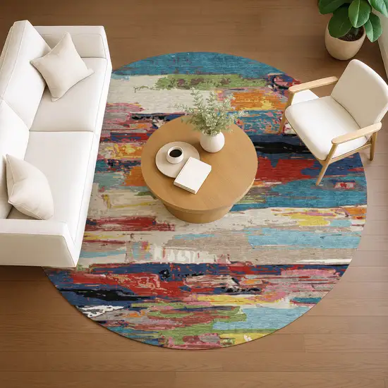 8' Denim Blue Green Red And Orange Round Abstract Washable Indoor Outdoor Area Rug Photo 9
