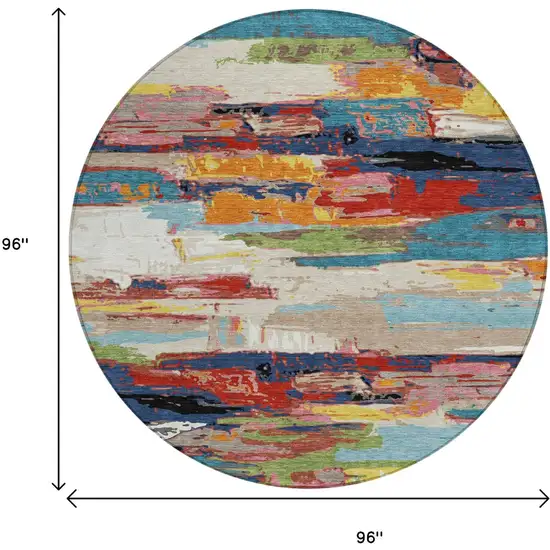 8' Denim Blue Green Red And Orange Round Abstract Washable Indoor Outdoor Area Rug Photo 3