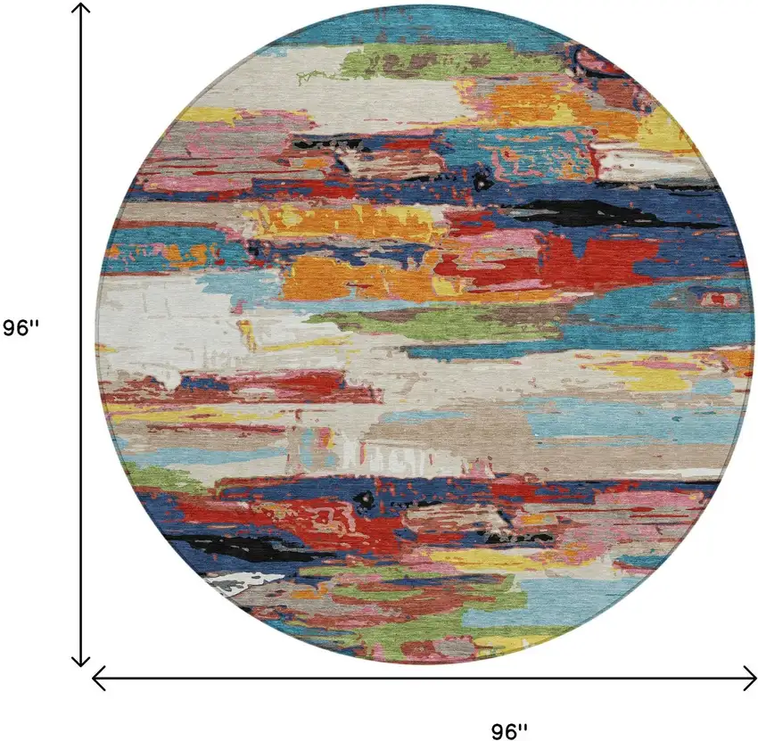 8' Denim Blue Green Red And Orange Round Abstract Washable Indoor Outdoor Area Rug Photo 3