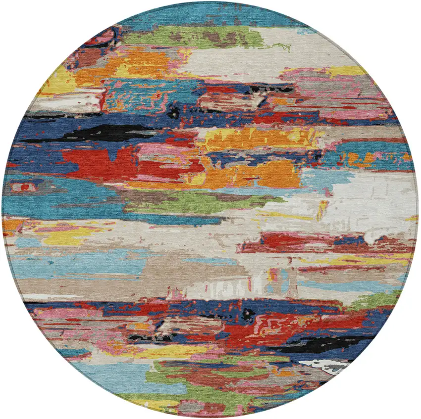 8' Denim Blue Green Red And Orange Round Abstract Washable Indoor Outdoor Area Rug Photo 5