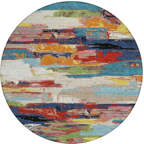 8' Denim Blue Green Red And Orange Round Abstract Washable Indoor Outdoor Area Rug Photo 4