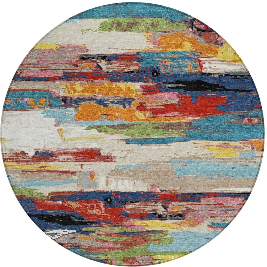 8' Denim Blue Green Red And Orange Round Abstract Washable Indoor Outdoor Area Rug Photo 4