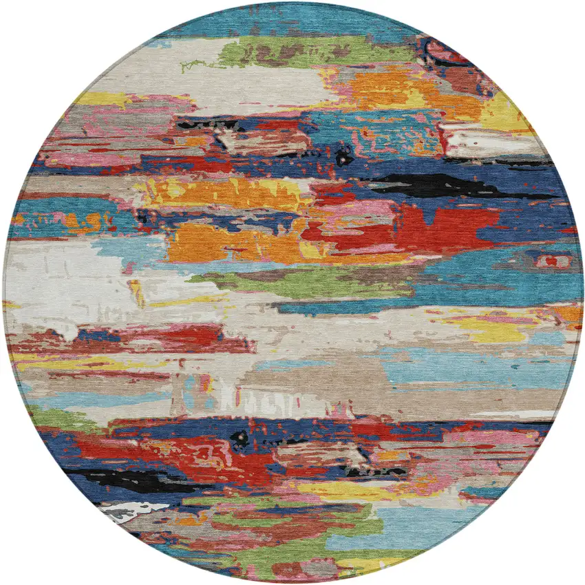 8' Denim Blue Green Red And Orange Round Abstract Washable Indoor Outdoor Area Rug Photo 2