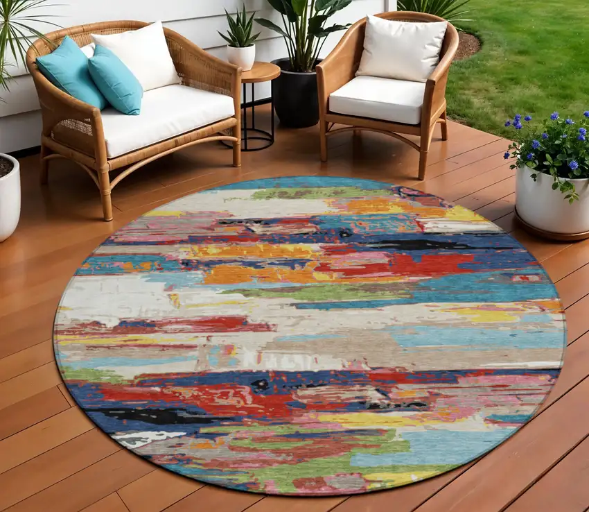 8' Denim Blue Green Red And Orange Round Abstract Washable Indoor Outdoor Area Rug Photo 1