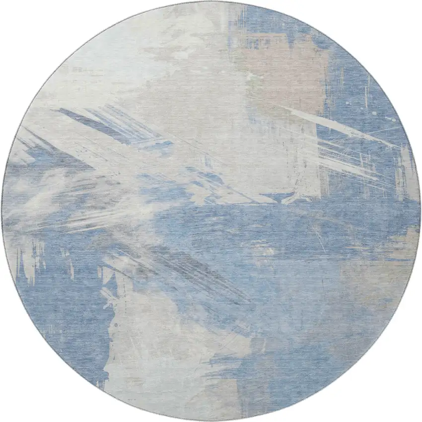 8' Denim Blue Ivory And Beige Abstract Washable Round Rug With UV Protection Photo 3