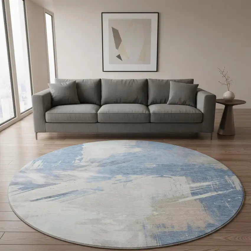 8' Denim Blue Ivory And Beige Abstract Washable Round Rug With UV Protection Photo 2