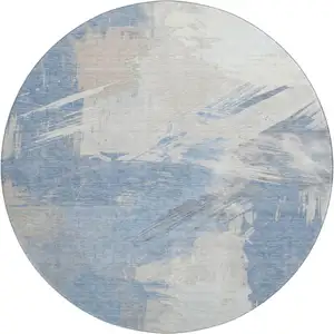 Photo of 8' Denim Blue Ivory And Beige Abstract Washable Round Rug With UV Protection