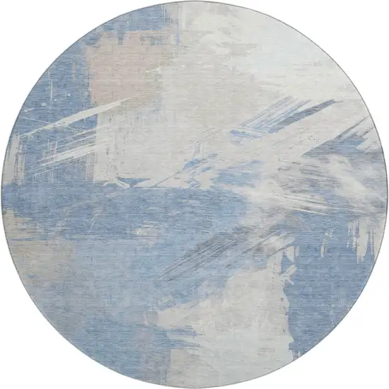 8' Denim Blue Ivory And Beige Abstract Washable Round Rug With UV Protection Photo 1