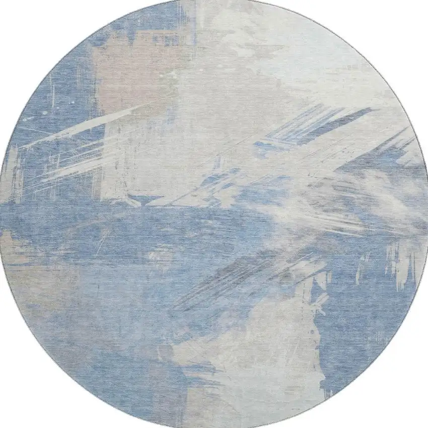 8' Denim Blue Ivory And Beige Abstract Washable Round Rug With UV Protection Photo 2