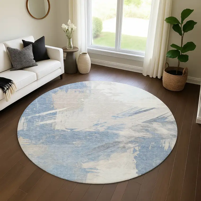 8' Denim Blue Ivory And Beige Abstract Washable Round Rug With UV Protection Photo 4