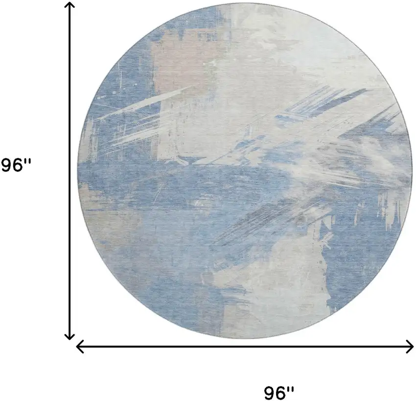 8' Denim Blue Ivory And Beige Abstract Washable Round Rug With UV Protection Photo 9