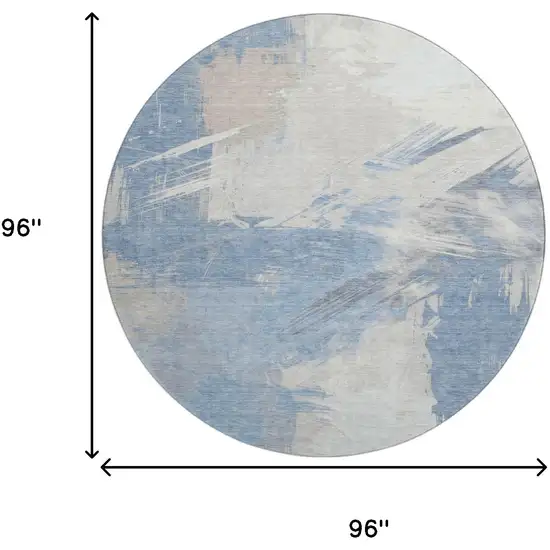 8' Denim Blue Ivory And Beige Abstract Washable Round Rug With UV Protection Photo 9