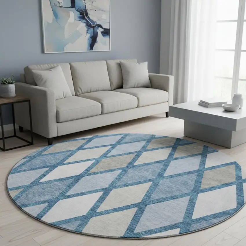 8' Denim Blue Ivory And Beige Geometric Washable Round Rug With UV Protection Photo 2