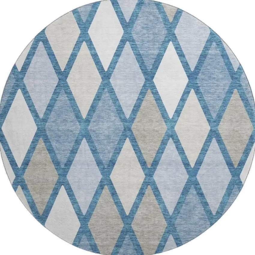 8' Denim Blue Ivory And Beige Geometric Washable Round Rug With UV Protection Photo 4