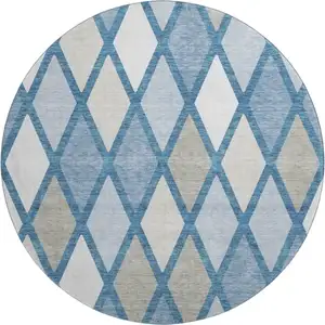 Photo of 8' Denim Blue Ivory And Beige Geometric Washable Round Rug With UV Protection