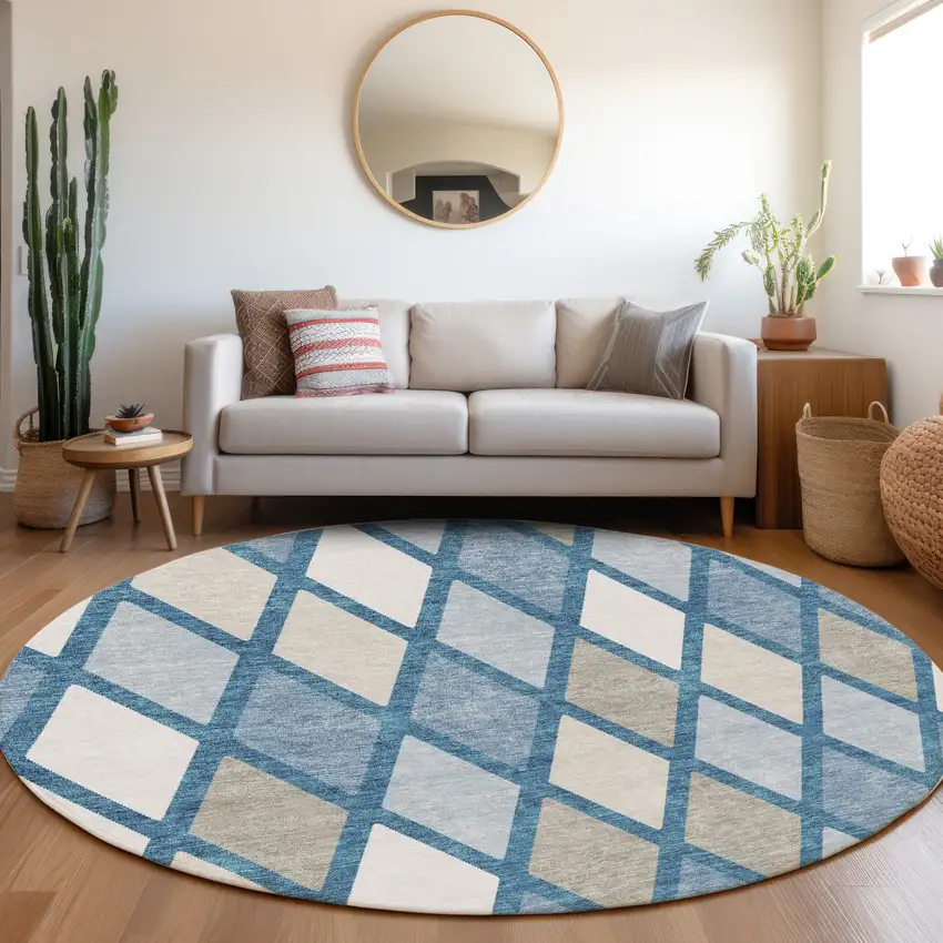 8' Denim Blue Ivory And Beige Geometric Washable Round Rug With UV Protection Photo 5