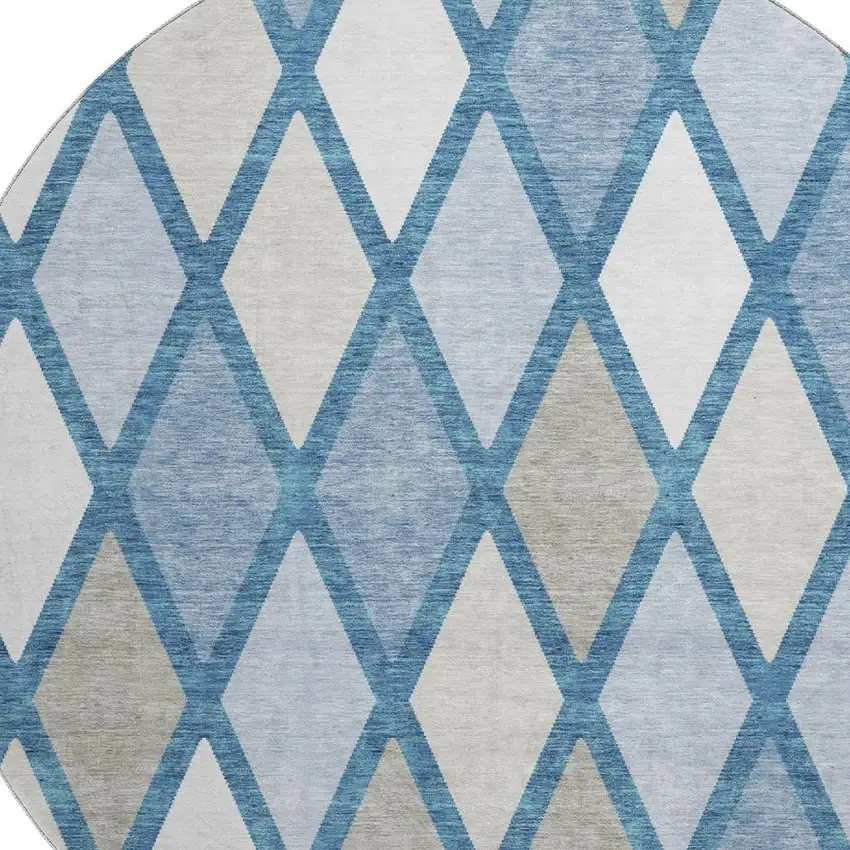 8' Denim Blue Ivory And Beige Geometric Washable Round Rug With UV Protection Photo 3
