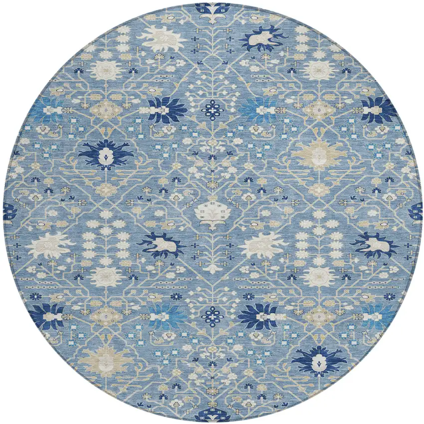 8' Denim Blue Ivory And Beige Round Oriental Washable Indoor Outdoor Area Rug Photo 2