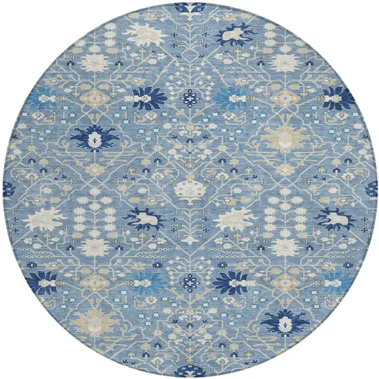 8' Denim Blue Ivory And Beige Round Oriental Washable Indoor Outdoor Area Rug Photo 2