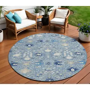 Photo of 8' Denim Blue Ivory And Beige Round Oriental Washable Indoor Outdoor Area Rug