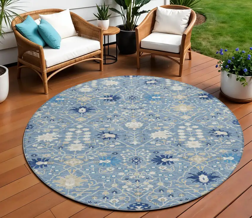 8' Denim Blue Ivory And Beige Round Oriental Washable Indoor Outdoor Area Rug Photo 1
