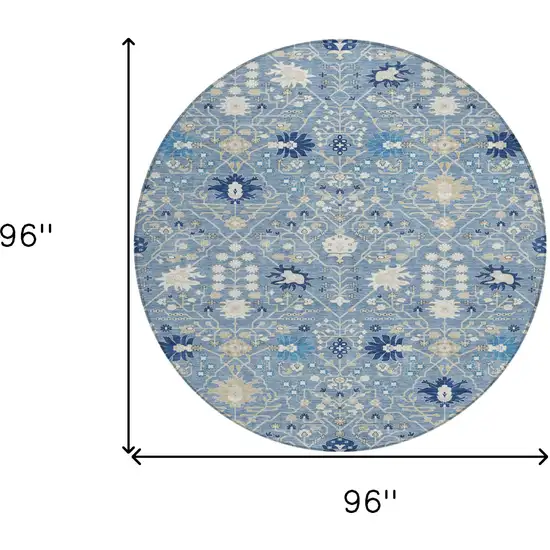 8' Denim Blue Ivory And Beige Round Oriental Washable Indoor Outdoor Area Rug Photo 3
