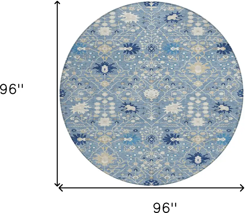 8' Denim Blue Ivory And Beige Round Oriental Washable Indoor Outdoor Area Rug Photo 3
