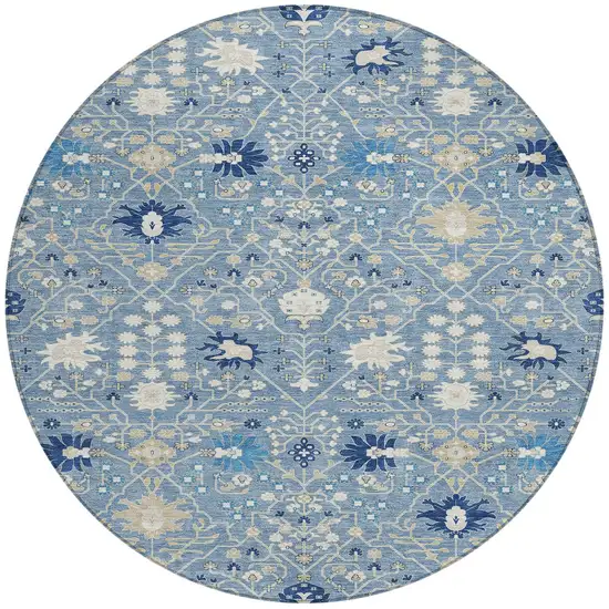8' Denim Blue Ivory And Beige Round Oriental Washable Indoor Outdoor Area Rug Photo 6