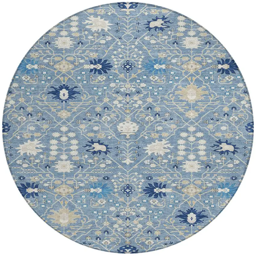 8' Denim Blue Ivory And Beige Round Oriental Washable Indoor Outdoor Area Rug Photo 6