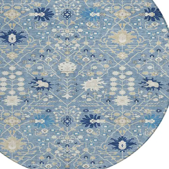 8' Denim Blue Ivory And Beige Round Oriental Washable Indoor Outdoor Area Rug Photo 5