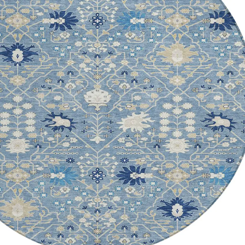 8' Denim Blue Ivory And Beige Round Oriental Washable Indoor Outdoor Area Rug Photo 5