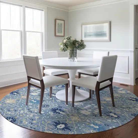 8' Denim Blue Ivory And Beige Round Oriental Washable Indoor Outdoor Area Rug Photo 8
