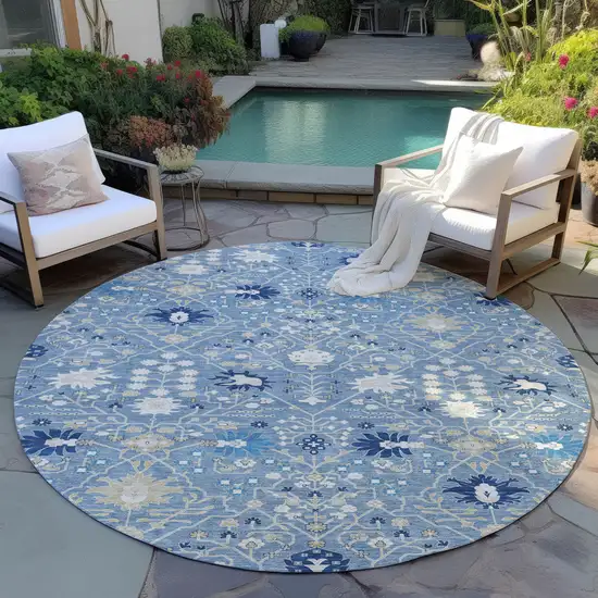 8' Denim Blue Ivory And Beige Round Oriental Washable Indoor Outdoor Area Rug Photo 7