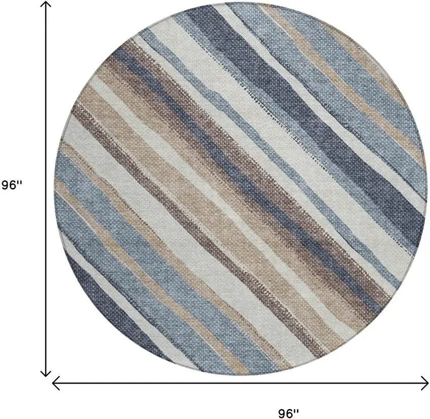 8' Denim Blue Ivory And Beige Round Striped Washable Indoor Outdoor Area Rug Photo 3