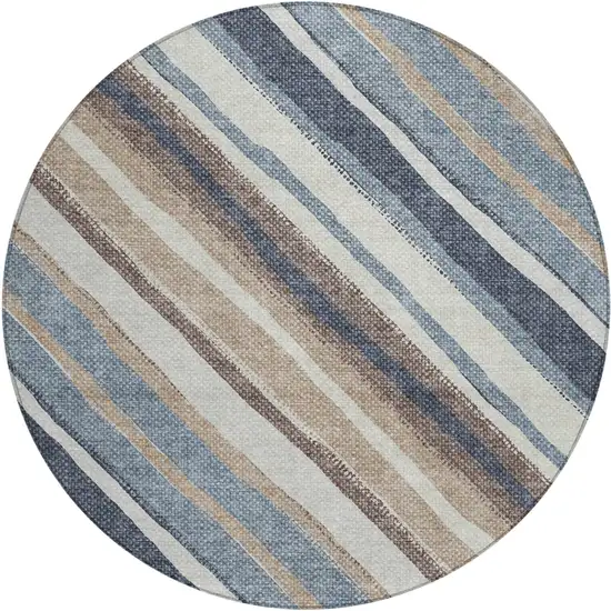 8' Denim Blue Ivory And Beige Round Striped Washable Indoor Outdoor Area Rug Photo 2