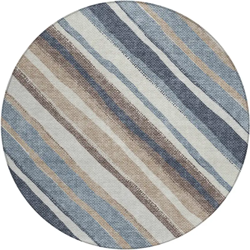 8' Denim Blue Ivory And Beige Round Striped Washable Indoor Outdoor Area Rug Photo 2
