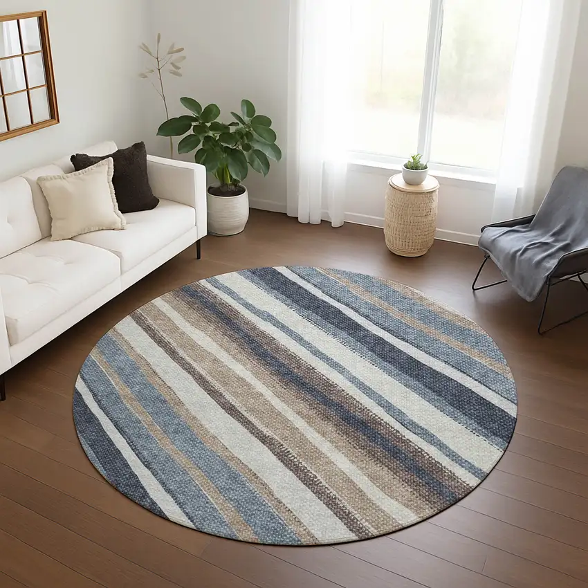 8' Denim Blue Ivory And Beige Round Striped Washable Indoor Outdoor Area Rug Photo 9