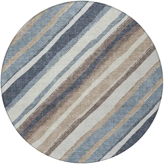 8' Denim Blue Ivory And Beige Round Striped Washable Indoor Outdoor Area Rug Photo 4