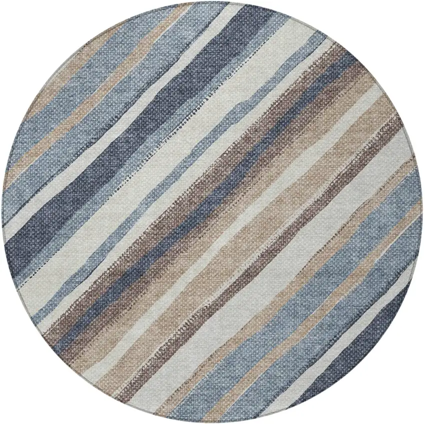 8' Denim Blue Ivory And Beige Round Striped Washable Indoor Outdoor Area Rug Photo 4