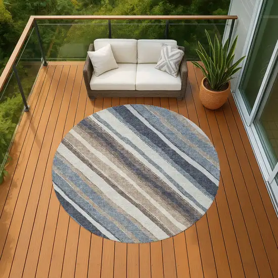 8' Denim Blue Ivory And Beige Round Striped Washable Indoor Outdoor Area Rug Photo 8