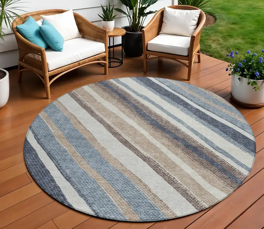 8' Denim Blue Ivory And Beige Round Striped Washable Indoor Outdoor Area Rug Photo 1