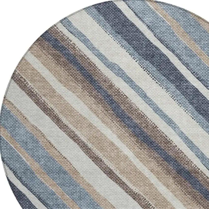 8' Denim Blue Ivory And Beige Round Striped Washable Indoor Outdoor Area Rug Photo 7
