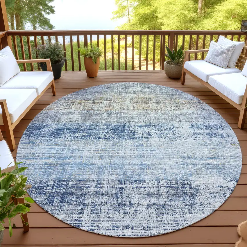 8' Denim Blue Ivory And Beige Round Striped Washable Indoor Outdoor Area Rug Photo 4