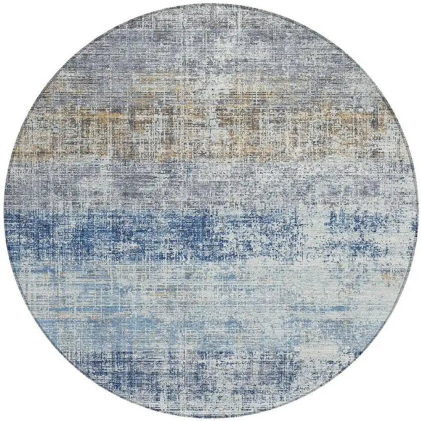 8' Denim Blue Ivory And Beige Round Striped Washable Indoor Outdoor Area Rug Photo 3