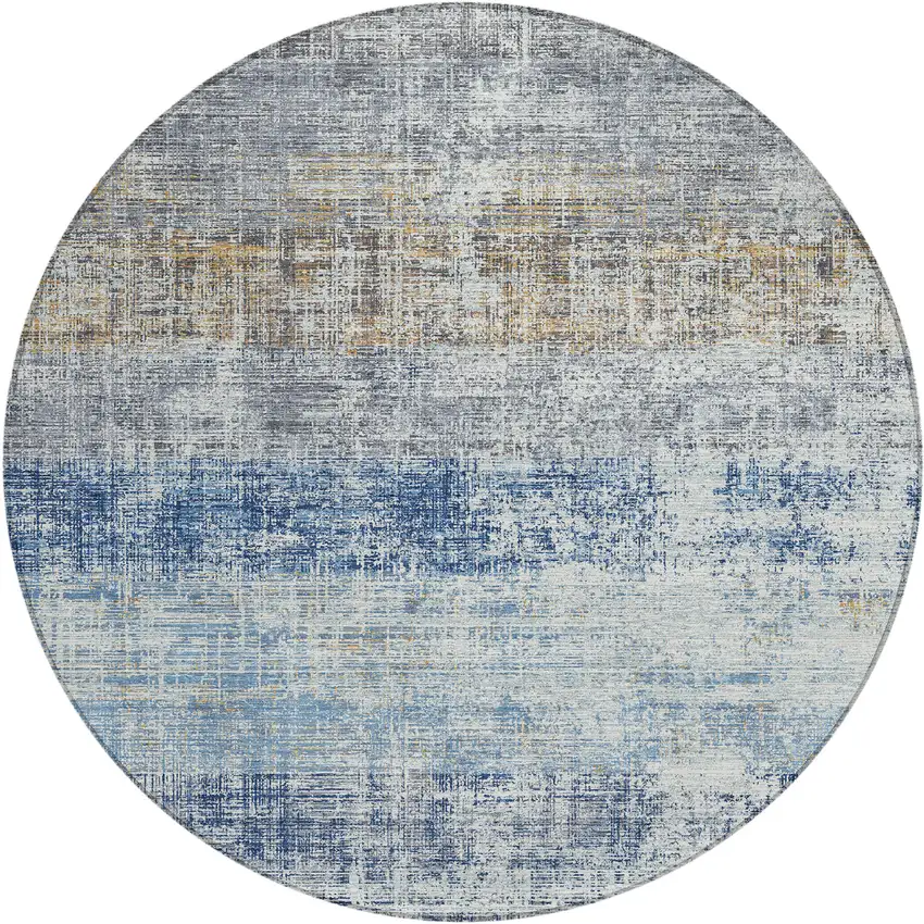 8' Denim Blue Ivory And Beige Round Striped Washable Indoor Outdoor Area Rug Photo 1