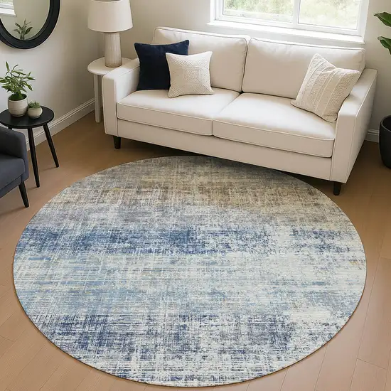 8' Denim Blue Ivory And Beige Round Striped Washable Indoor Outdoor Area Rug Photo 5
