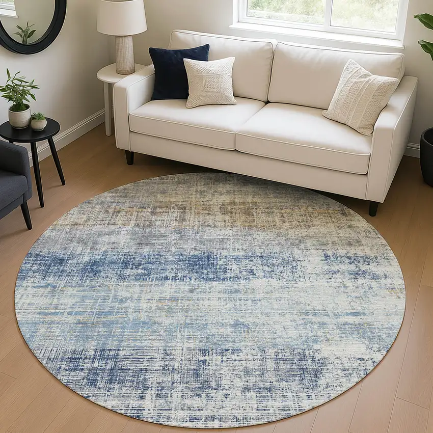 8' Denim Blue Ivory And Beige Round Striped Washable Indoor Outdoor Area Rug Photo 5