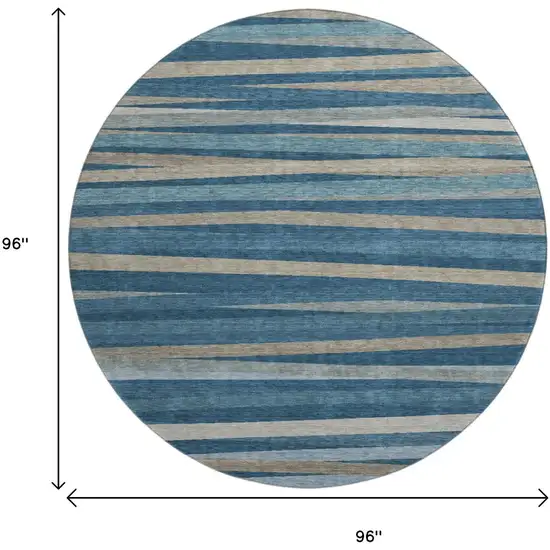 8' Denim Blue Ivory And Beige Striped Washable Round Rug With UV Protection Photo 9