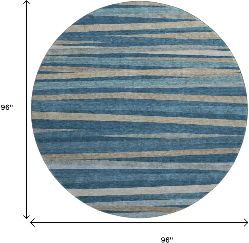8' Denim Blue Ivory And Beige Striped Washable Round Rug With UV Protection Photo 9